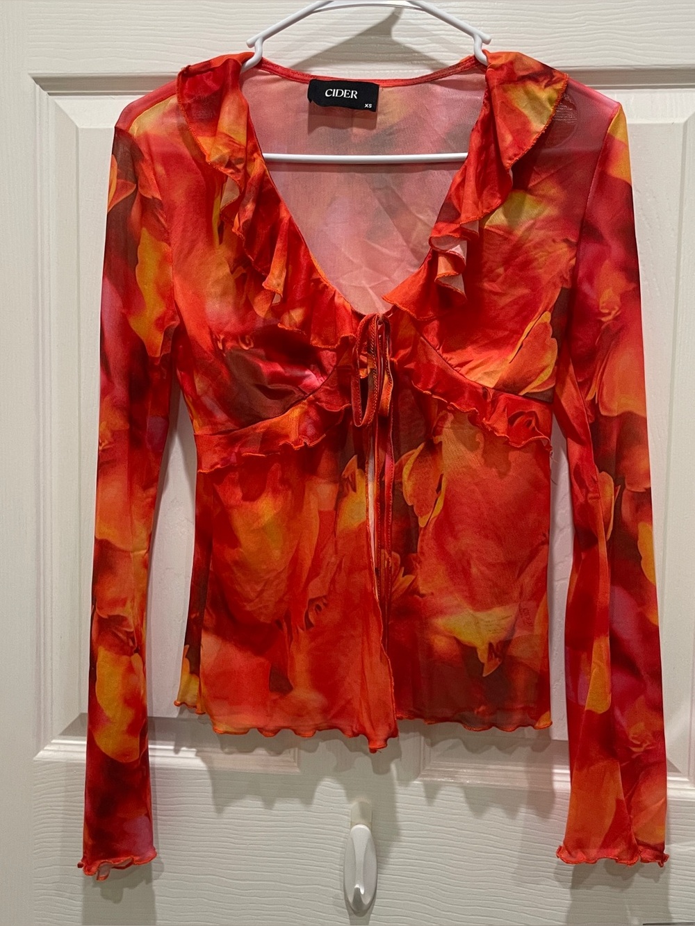 Mesh V-neck Ruffle Trim Knotted Long Sleeve Blouse